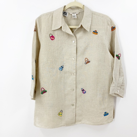 Edward Tops - Edward Irish Linen Novelty Embroidered Handbags Motif Button Down Tan Sz M